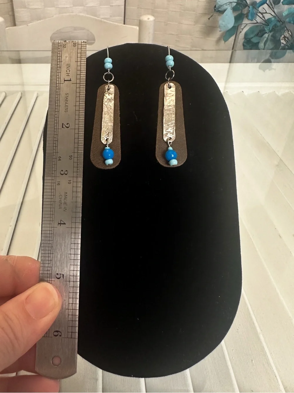 Handcrafted Leather & Tin Metal, Blue /Turquoise Bead Drop Earrings
